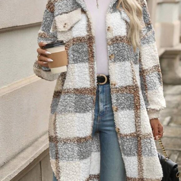 Jackets & Blazers - ❤️ SALE Women’s Long Plaid Teddy Jacket Womens Shacket Plaid Jacket
